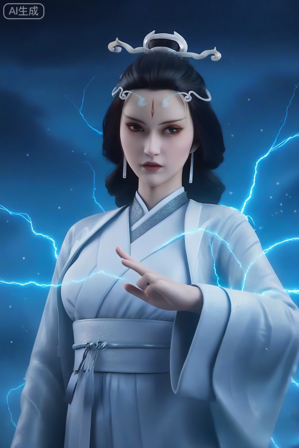 score_9_up,1girl, solo, long hair, black hair, jewelry, upper body, earrings, wide sleeves, lips,  forehead mark, realistic, electricity, special effects,ShuiYue,