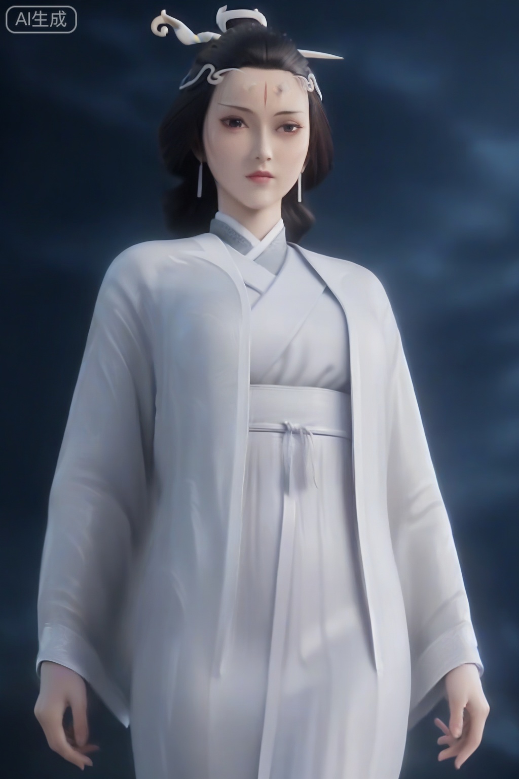 score_9_up,1girl, solo, black hair, hair ornament, long sleeves, jewelry, earrings, black background, Chinese clothes  realistic,robe, hanfu,forehead mark,ShuiYue,