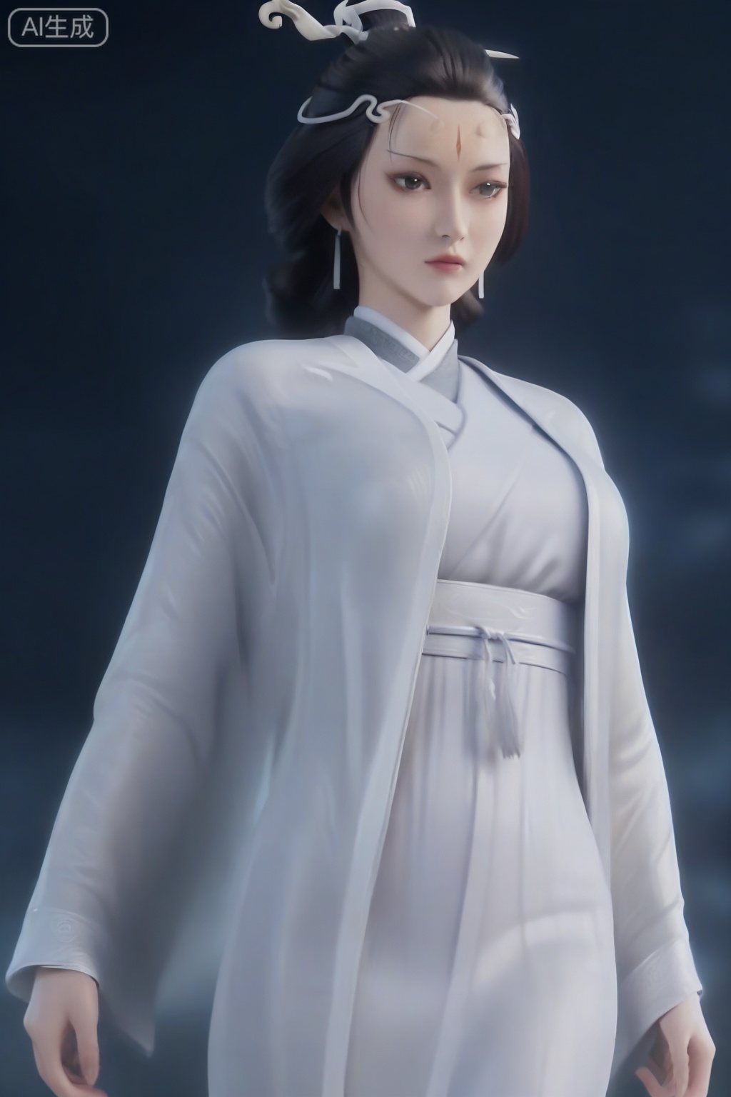 score_9_up,1girl, solo, black hair, hair ornament, long sleeves, jewelry, earrings, black background, Chinese clothes  realistic,robe, hanfu,forehead mark,ShuiYue,