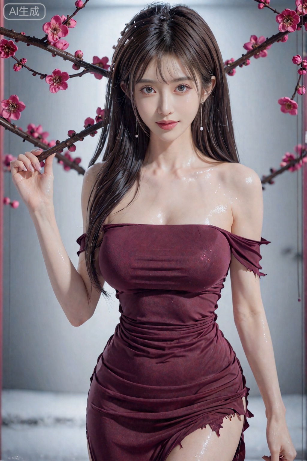 美颜,皮肤质感水润光滑年轻,去AI 感,职业微笑,(（巨大的胸部,蜂腰）),看着镜头,
8K 高清去AI 感美女照片,中式梅花妖,改良性感古装（酒红色吊带露腰+ 毛边开叉裙,露长腿）,完美身材（巨大胸+ 蜂腰）,皮肤雪白光滑水润,妖艳妩媚凝眸直视镜头,雪地梅园里站立,手捧梅花枝,70-200mm 镜头f/2.8,背景虚化,美颜轻透,发丝带雪粒,衣料质感厚重有光泽,梅花花瓣纹理清晰,眼神冷艳妩媚。​,萝御双修