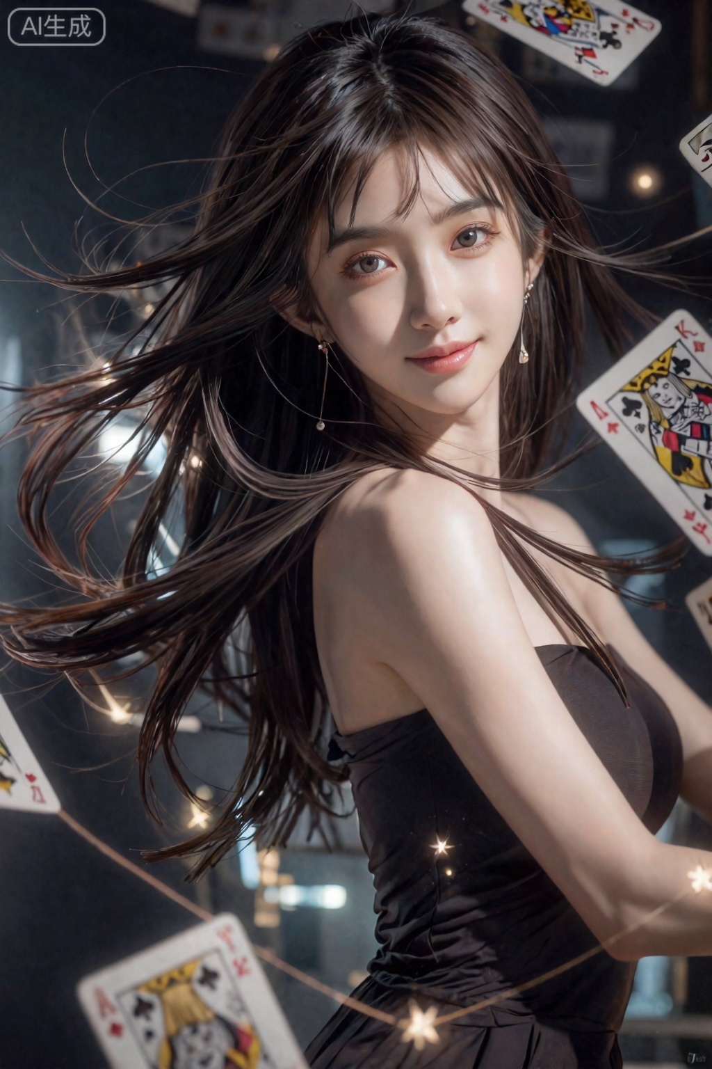 High-resolution film photography,Aesthetics art,JKC photography,一个灵动纯美的女生,超高颜值,皮肤白皙通透,眼神深邃沉静,盯着镜头,神秘的微笑,身体自然伸展,少女半身,时尚美少女,高颜值美女,凸显女主角,曲线美,,戴着耳钉,病娇笑,发丝被风吹动,突出动态发丝的凌乱美。 漫天飞舞的洒金扑克牌（牌面是四种花色的A和K） 摄影风格： 真人cosplay,写实风格,人像摄影,情绪写意,前卫视觉艺术美学,电影美学,电影感,大片高级感,柔焦灰度美学,极简风,哑光质感,低饱和肌理质感,暗黑朦构图与细节： 上半身特写,极致细节,超细腻线条,大师级构图,大师级审美,大师杰作,光影动态,透视感,细节丰富画质与光线： 高分辨率,超清细节,画质清晰,高品质,丰富光线,光线,柔和色调,专业打光超高清,超细腻的画面细节,真实的皮肤纹理,究极细节,细节丰富,宁静优雅,氛围感,超级详细,高度细节,注重细节,明暗对比,究极细节,大师级光影,层次感,极致的光线,白白净净肌肤,丁达尔效应,明亮的光线,,细长的柳眉,一双眼睛流盼妩媚,秀挺的瑶鼻,玉腮微微泛红,娇艳欲滴的唇,HDR写实质感,不合逻辑,珠光,反光,暗夜,抽象,意识流,梦核,光线暗、能见度低,有噪点暗角。艺术感强。画面有辉光、耀光、雾感,融合惊悚与梦核元素,梦核美学,数字噪音与失真效果,从错误中寻找创意,对现有系统的颠覆与重塑,强烈的光影对比,仰镜头,强烈的对比色碰撞,惊艳,意识流,随机背景,柔和侧光渲染,写实,失真故障质感暗金色点缀,空间交错、电影镜头、(真实感: 1.5),柔和的色彩,（鱼眼: 1.1),全景航拍,微光,宿命感,华丽,曜变,仿佛命运的丝线正在被无情拉扯,充满了神秘而紧张的氛围。UE5渲染,电影级质感,胶片质感。。,萝御双修