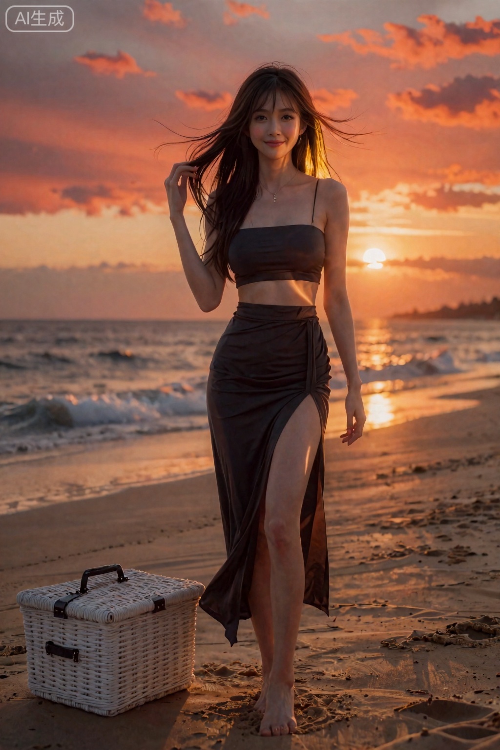 萝御双修,
场景：海边日落时分,金色沙滩延伸至橙红色晚霞,远处海浪泛着微光,沙滩上放着白色藤编野餐篮,无多余杂物,氛围浪漫治愈。
表情动作：赤脚站沙滩上,身体微侧看镜头,嘴角微笑时脸颊有轻微苹果肌,左手轻撩被风吹乱的长发,穿露腰吊带长裙（裙摆开叉露长腿,胸部线条明显）,站姿自然不刻意。
相机参数：佳能EOS R6,50mm f/1.2 镜头,ISO200,快门速度1/320s,光圈f/1.2,对焦在眼部,白平衡5800K,确保晚霞色彩还原。
光影：日落逆光方向打柔光补光,反光板提亮面部与胸部轮廓,头发被夕阳染成金边,皮肤在暖光下显通透雪白,海浪反光增添层次感。
构图：对角线构图,人物从左下往右上延伸,近全身取景露腿部与腰部,背景简化晚霞与沙滩,突出人物身材曲线,视觉冲击强,适合手机壁纸。