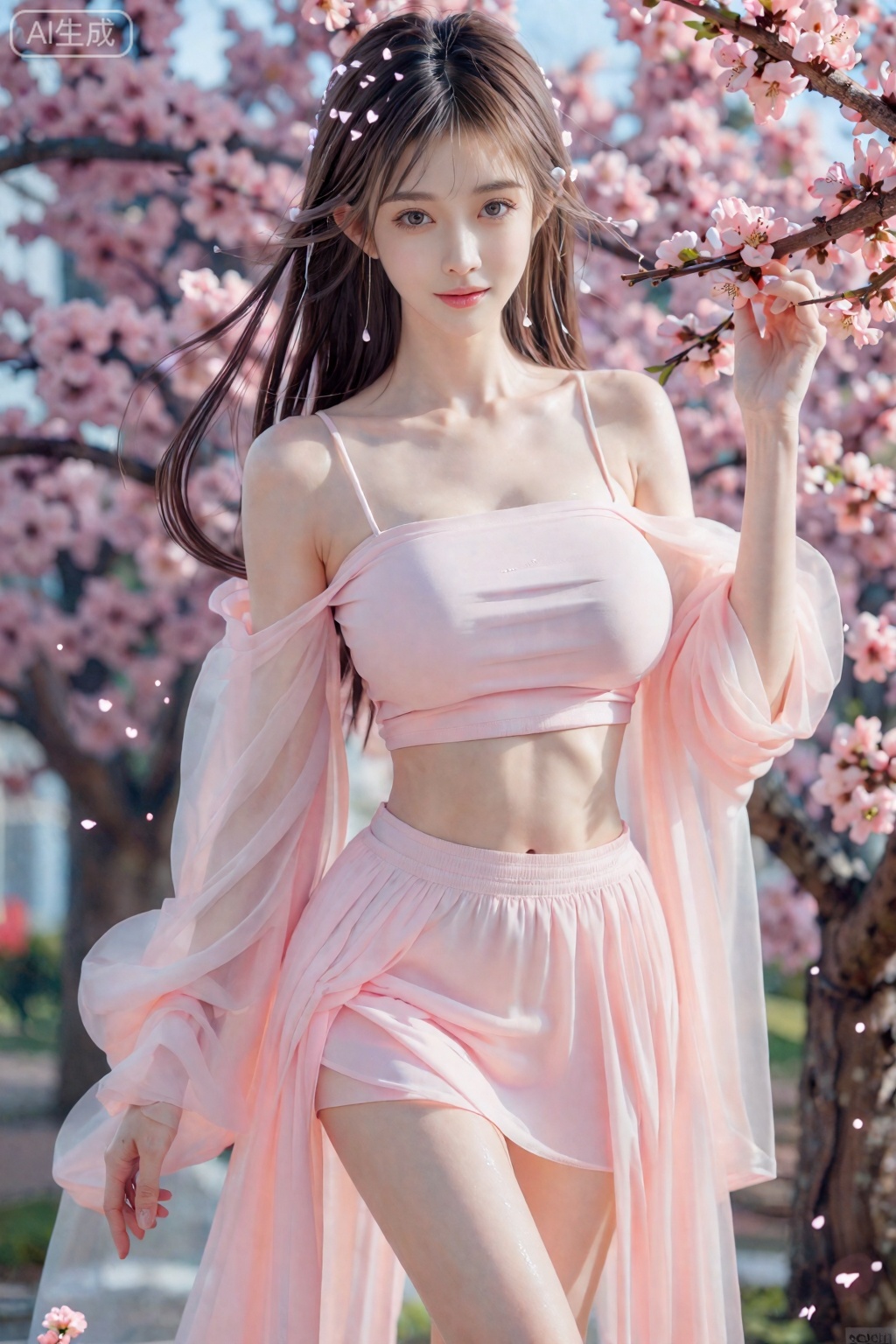 美颜,皮肤质感水润光滑年轻,去AI 感,职业微笑,(（巨大的胸部,蜂腰）),看着镜头,
超写实8K 美女照片,去AI 感,中式桃花妖,改良性感古装（粉色纱质吊带露腰,不规则裙摆露长腿）,完美身材（巨大胸+ 纤细蜂腰）,皮肤雪白光滑水润显年轻,妖艳妩媚含情直视镜头,桃林小径中转身回眸,手抚桃枝,35mm 定焦镜头f/1.6,浅景深虚化背景,美颜自然,发丝带桃花瓣,衣料薄纱透肤质感,桃花花瓣飘落动态,眼妆妩媚带闪。,萝御双修