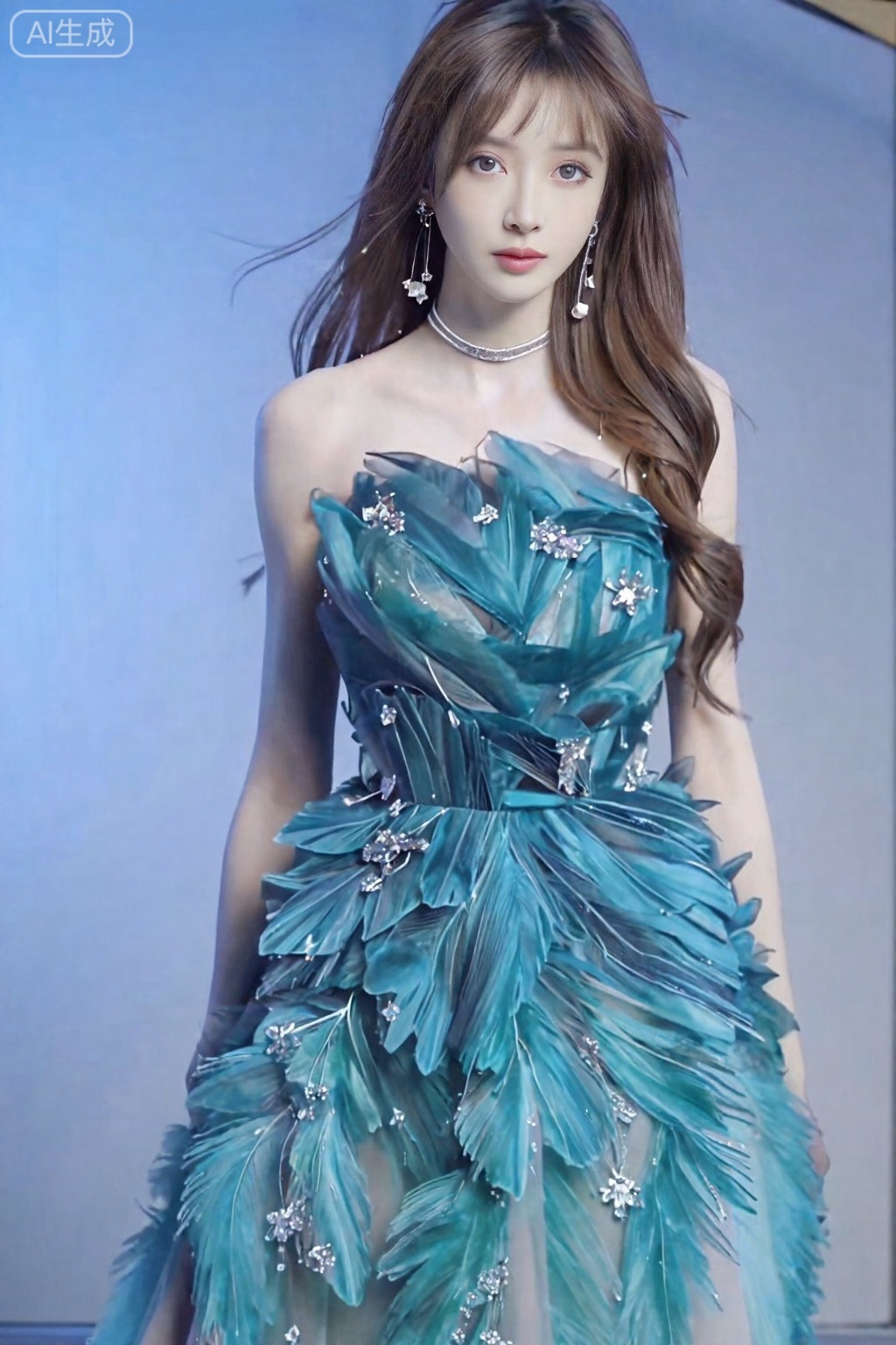 ,真实照片,reality,
Photograph of an East Asian woman with fair skin and long, wavy brown hair, wearing a strapless, teal-colored ball gown adorned with large, feather-like textures and sparkling embellishments. She has a slender build and is wearing a silver choker necklace with matching earrings. Her makeup is subtle, with a focus on her red lips. The background is a gradient of soft blue, adding a dreamy, ethereal quality to the image. The lighting is soft, highlighting the textures and colors of her dress, and she gazes slightly to the side with a serene expression. The overall style is elegant and sophisticated.,萝御双修