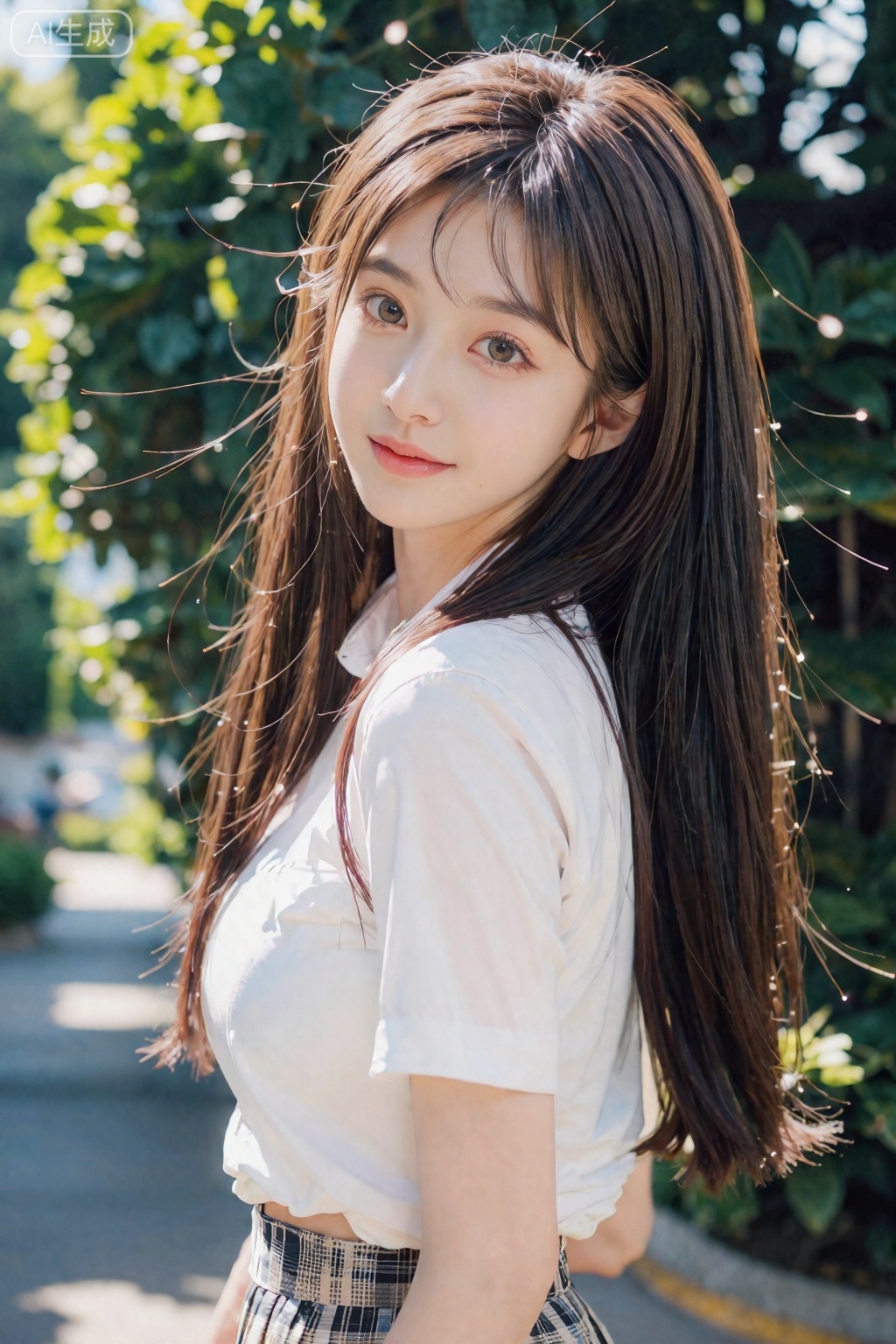 真人摄影,一位清纯的初恋学妹女友,在清晨的林荫道上回眸微笑,阳光透过树叶形成斑驳的光影,洒在她柔顺的长发和白皙的脸庞上,她穿着干净的白色衬衫和格纹短裙,眼神清澈充满活力,背景是模糊的绿色植物,突出人物主体,精致的壁纸风格,absurdres,细节锐利,皮肤纹理细腻,发丝分明,
镜头参数： Canon EOS R5,RF 85mm f/1.2L,光圈f/1.8,快门1/500s,ISO 100,萝御双修