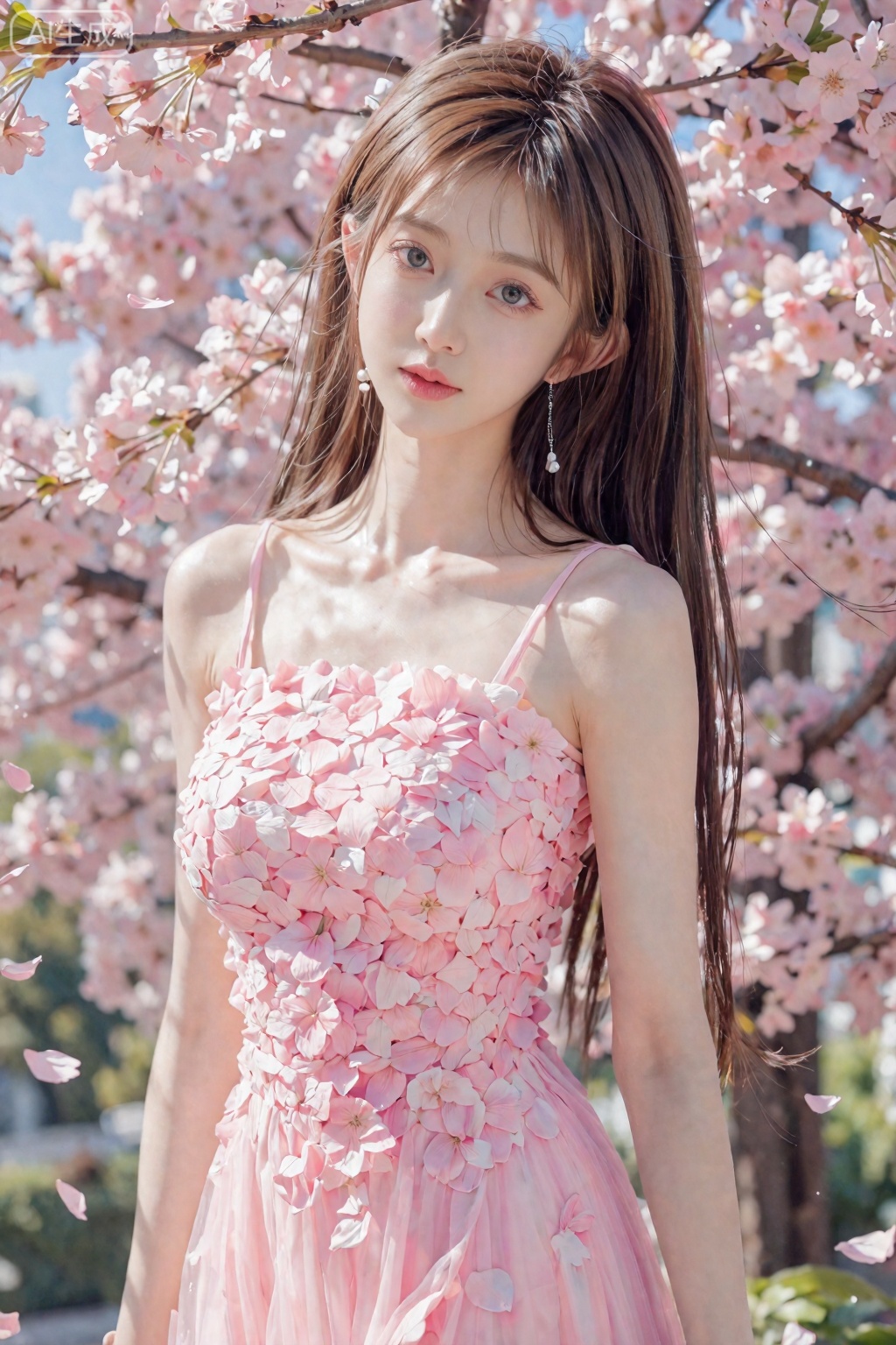 提示词： 一位美丽的亚洲花仙子,真人摄影照片,置身于漫天飘落的樱花林中。她身穿由粉色樱花花瓣编织成的长裙,拥有完美身材比例,面容精致,眼神温柔。阳光透过花隙形成斑驳的光影,落在她的肌肤和发丝上。精致的壁纸风格,超高细节,皮肤纹理、花瓣脉络清晰可见。镜头参数：佳能EF 85mm f/1.2L, f/1.8, 1/250s, ISO 200。,萝御双修