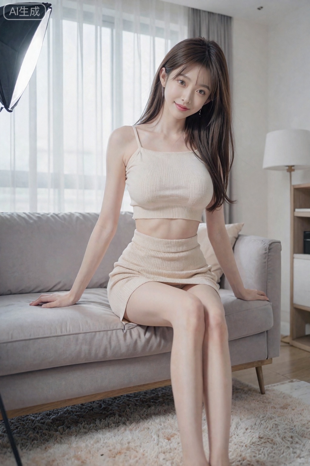 萝御双修,
场景：轻奢卧室,米白色纱帘半掩落地窗,窗边放浅灰丝绒单人沙发,地面铺毛绒地毯,角落摆白色落地灯,背景简洁无杂乱,透着温馨居家感。
表情动作：端坐沙发边缘,上半身微前倾看镜头,嘴角自然上扬露浅梨涡,右手轻搭沙发扶手,左手轻拉露腰短款针织衫下摆（显纤细腰腹）,穿高腰开叉半身裙（露笔直长腿）,胸部曲线饱满自然,姿态松弛无僵硬感。
相机参数：索尼A7M4,85mm f/1.4 定焦镜头,ISO100,快门速度1/250s,光圈f/1.4,手动对焦,白平衡5000K,RAW 格式保留皮肤纹理细节。
光影：窗边柔光箱打45° 侧光,面部补银色反光板,纱帘柔化光线,皮肤呈雪白细腻质感,发丝有轻微高光,阴影过渡自然无生硬边缘。
构图：三分法构图,人物位于右三分之一处,全身取景露完整腿部,背景轻微虚化,突出人物皮肤纹理、衣物质感与身材曲线,符合16:9 壁纸比例。