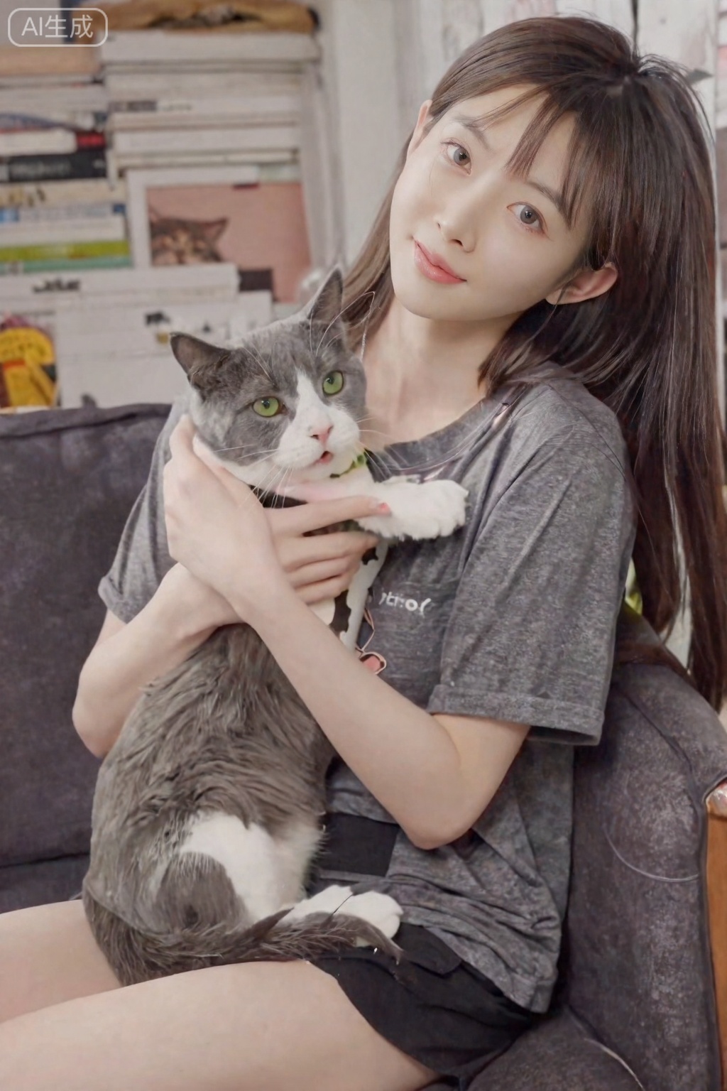真人美女真实摄影,初恋女友风的学妹在家中的沙发上,抱着一只猫咪,穿着宽松的居家T恤和短裤,素颜出镜,皮肤光滑无瑕。她正被猫咪的可爱举动逗笑,露出洁白的牙齿,笑容自然不做作。柔和的室内光线下,场景温馨舒适,充满了生活气息。超高清画质,细节可见皮肤毛孔和毛衣纹理。
镜头参数： Sigma fp L, 45mm f/2.8 DG DN, 光圈f/2.8, 快门1/200s, ISO 500,萝御双修