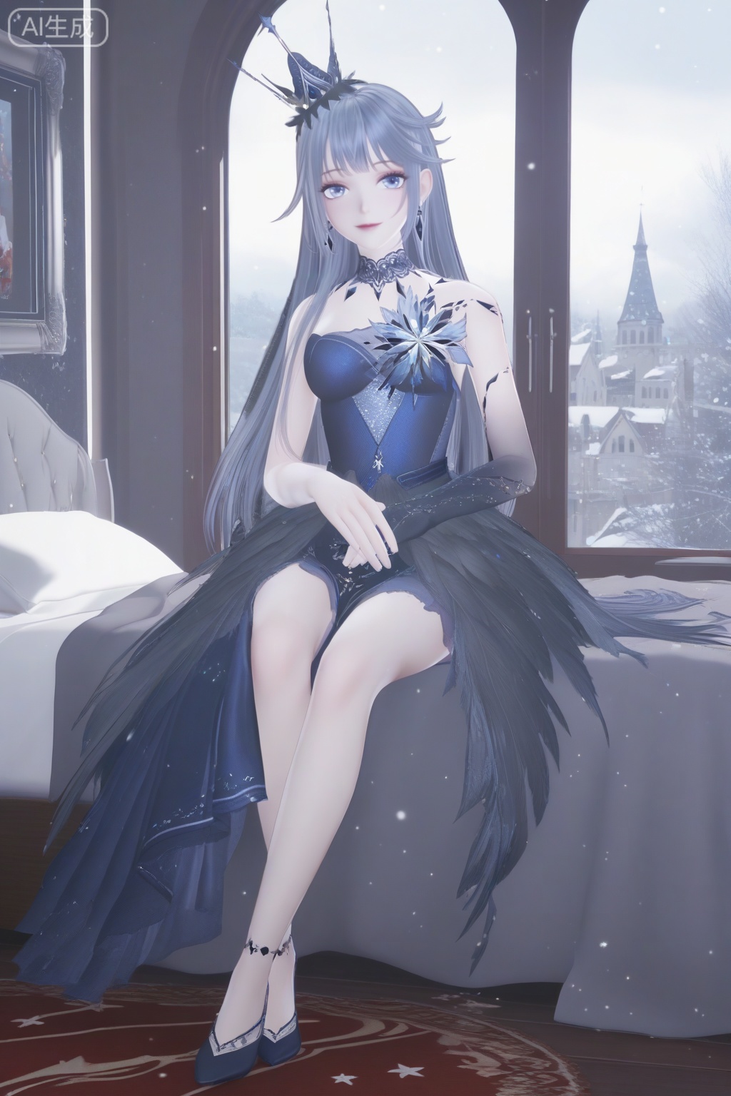 masterpiece, best quality, masterpiece,best quality,official art,extremely detailed CG unity 8k wallpaper,1girl,solo,(looking at viewer:1.15),long hair,breasts,bangs,blue eyes,hair ornament,dress,bare shoulders,jewelry,blue hair,earrings,strapless,blue dress,crown,pale skin,silver-gray hair,legs,single glove,full body,elbow gloves,gloves,happy holidays,bedroom,window,windowsill,bed sheet