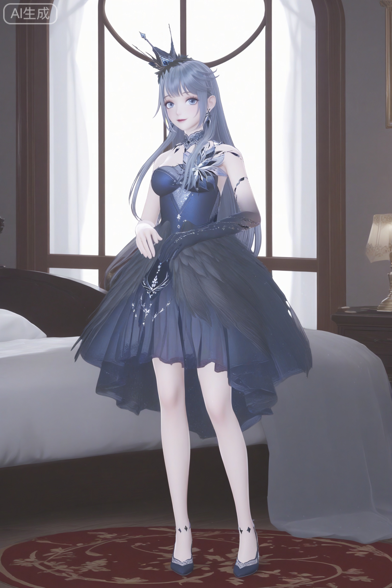 masterpiece, best quality, masterpiece,best quality,official art,extremely detailed CG unity 8k wallpaper,1girl,solo,(looking at viewer:1.15),long hair,breasts,bangs,blue eyes,hair ornament,dress,bare shoulders,jewelry,blue hair,earrings,strapless,blue dress,crown,pale skin,silver-gray hair,legs,single glove,elbow glove,full body,glove,happy holidays,bedroom,window,windowsill,bed sheet,standing,side mirror,