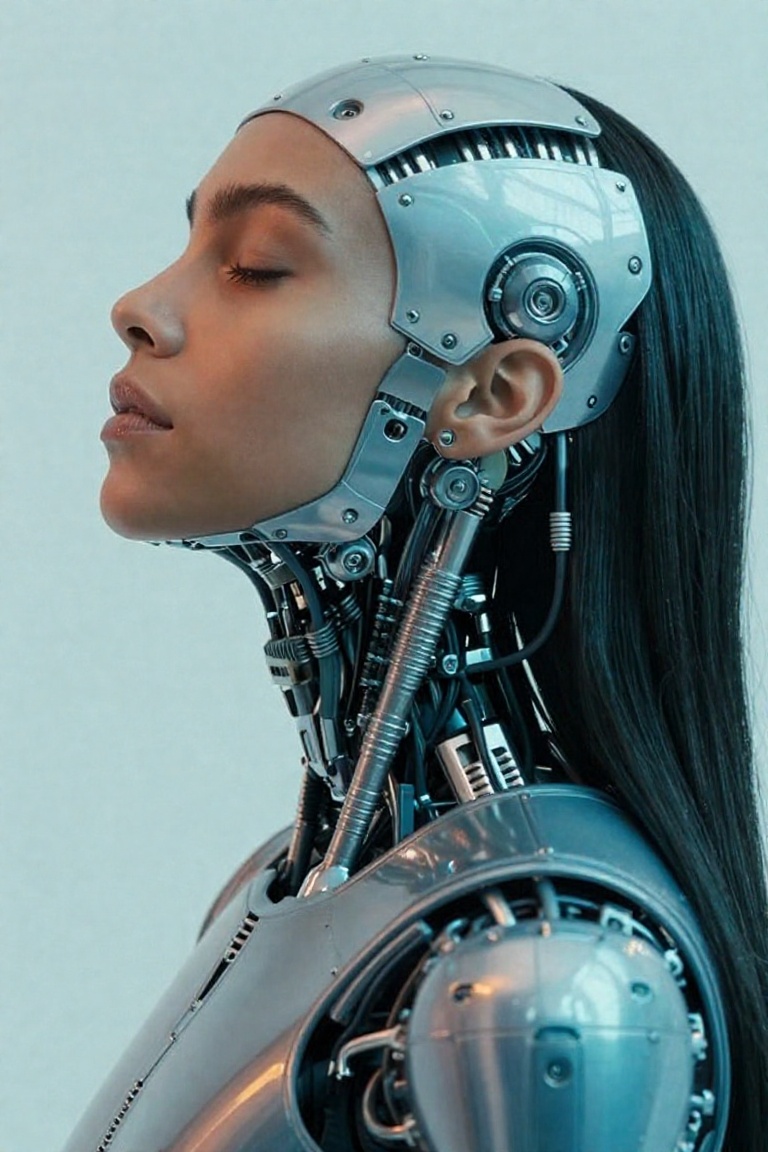 cyborg human fused with machine cybernetic parts maybe glossy or metallic robotic parts maybe octane rendering maybe reali...