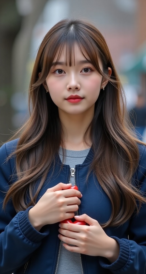 Generate a real-world photograph realistic photography of 1girl solo long hair looking at viewer smile bangs brown hair lo...