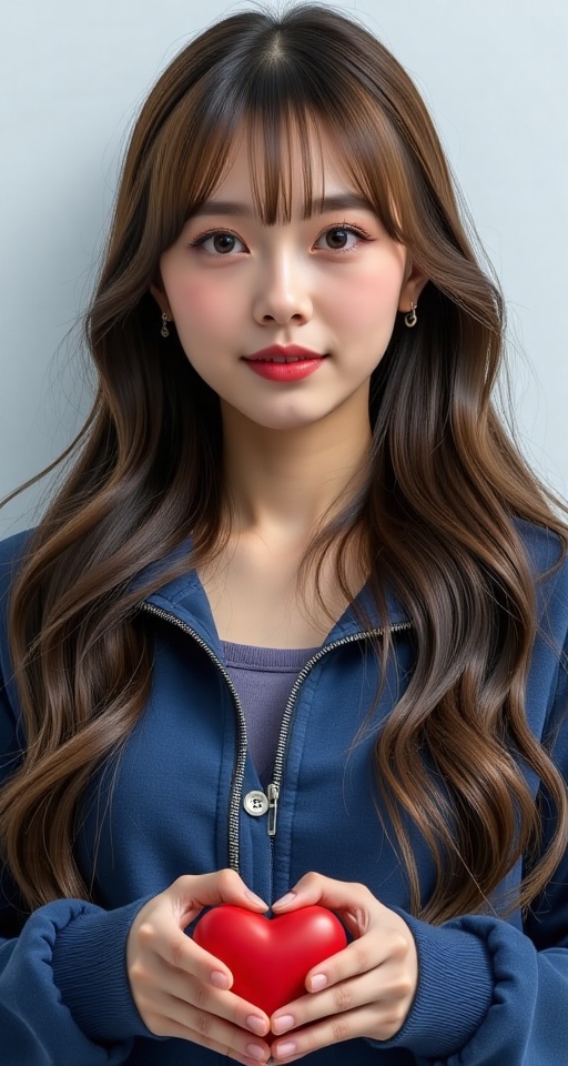 Generate a real-world photograph realistic photography of 1girl solo long hair looking at viewer smile bangs brown hair lo...