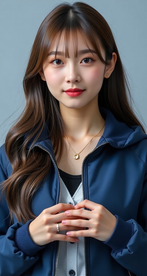 Generate a real-world photograph realistic photography of 1girl solo long hair looking at viewer smile bangs brown hair lo...