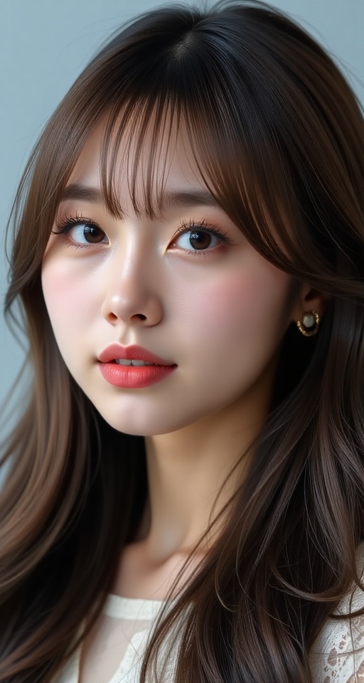 Generate a real-world photograph realistic photography of 1girl solo long hair looking at viewer smile bangs brown hair cl...