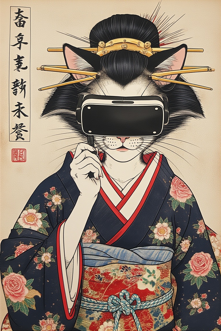 Ukiyo-e painting of a catgirl hacker wearing VR crown on Tensor.Art