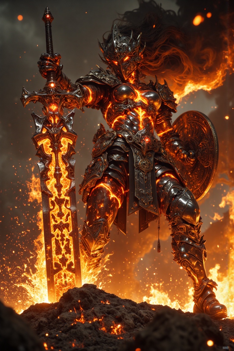 Here's a prompt for a striking 70mm lens photograph: A fiery female warrior clad in molten blackened armor,  her form radi...