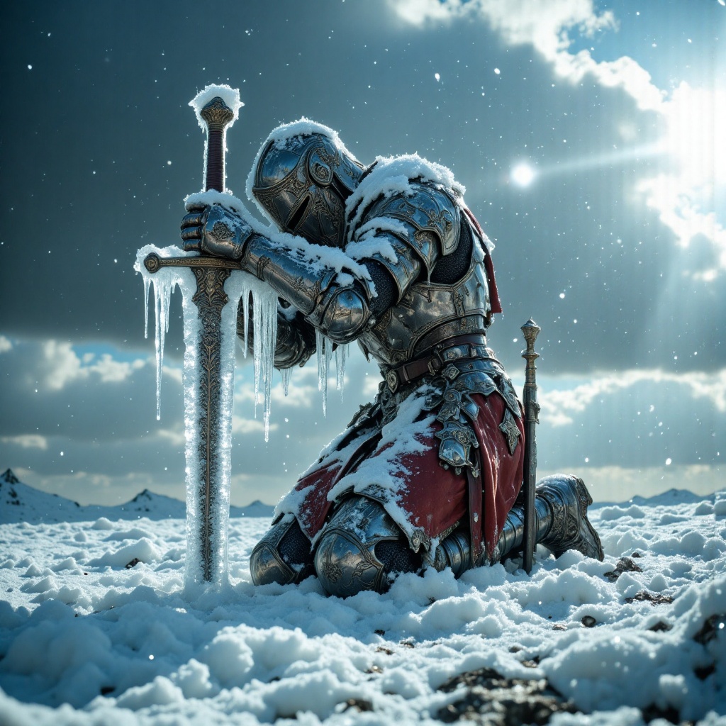 Ultra photorealistic cinematic epic masterpiece,  a solemn medieval knight in full ornate plate armor kneeling reverently...