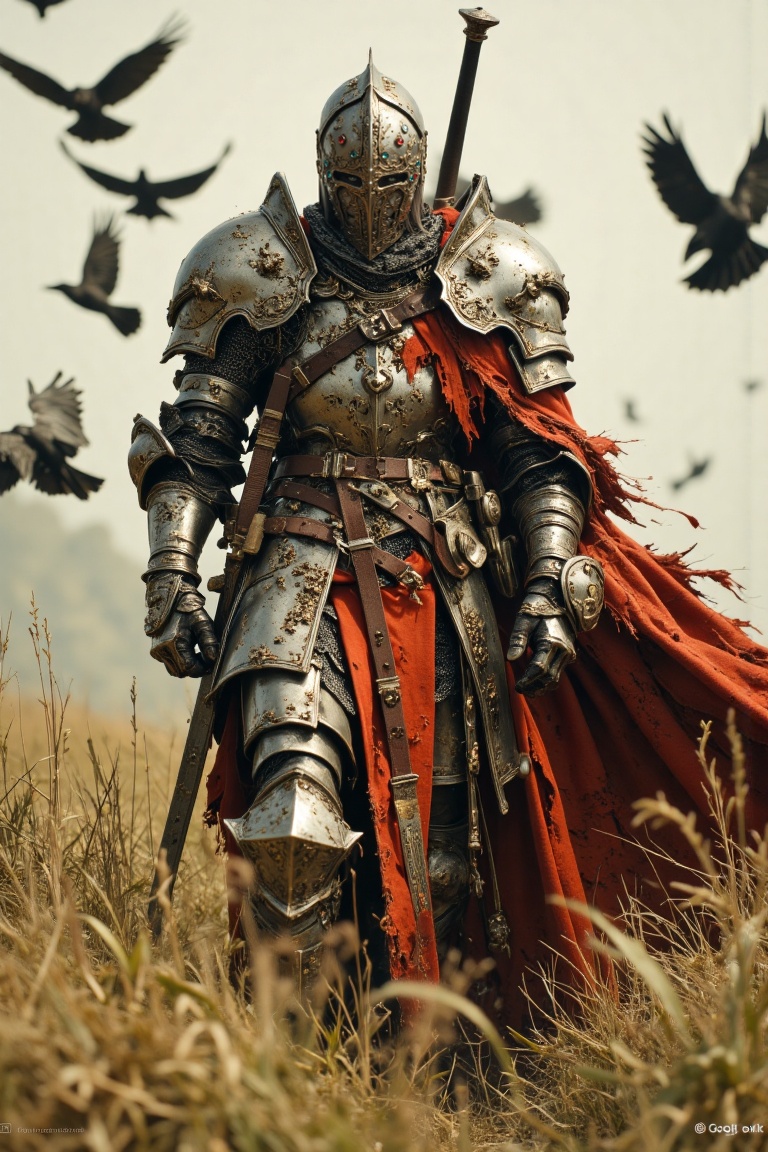 A cinematic,  full-body shot of a battle-worn knight in detailed steel plate armor walking through a tall,  golden grass f...