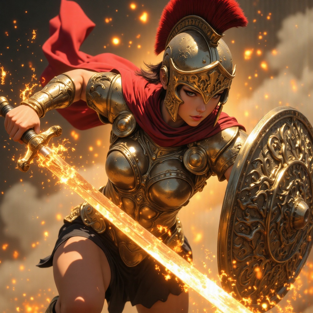 Here's a prompt for a striking 70mm lens photograph: Mujer espartana atlética corriendo hacia la cámara en carga heroica,...