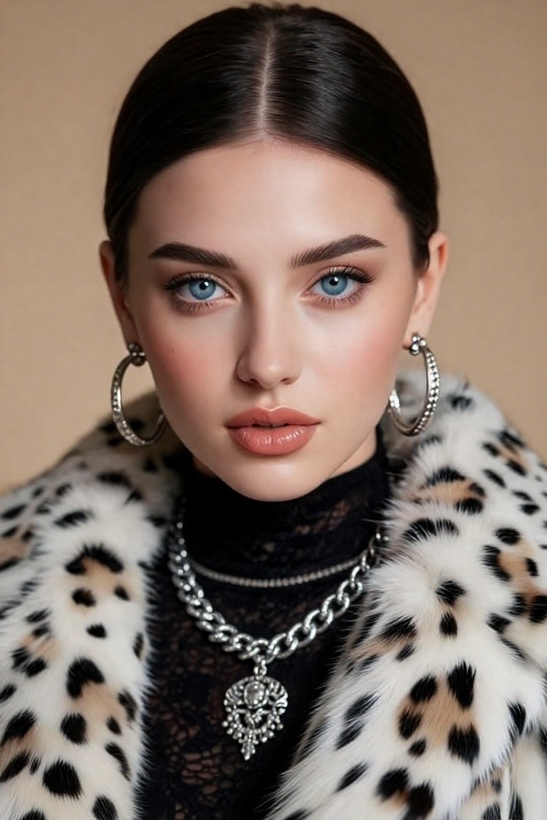 A close-up portrait of a young woman with flawless,  fair skin and striking blue eyes. She has sleek,  dark brown hair sty...
