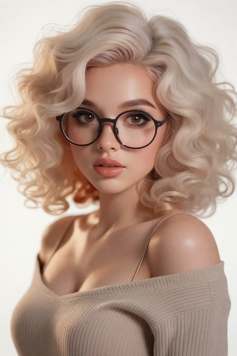 A highly detailed digital illustration of a young woman with voluminous,  curly,  platinum blonde hair that frames her fac...