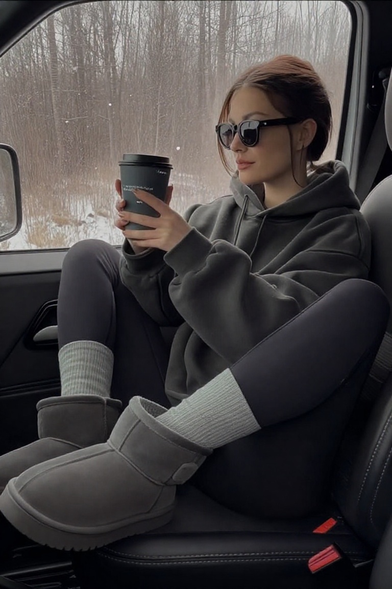 A young Caucasian woman reclines in the front passengers passenger seat of a sleek vehicle,  her side profile poised. She...