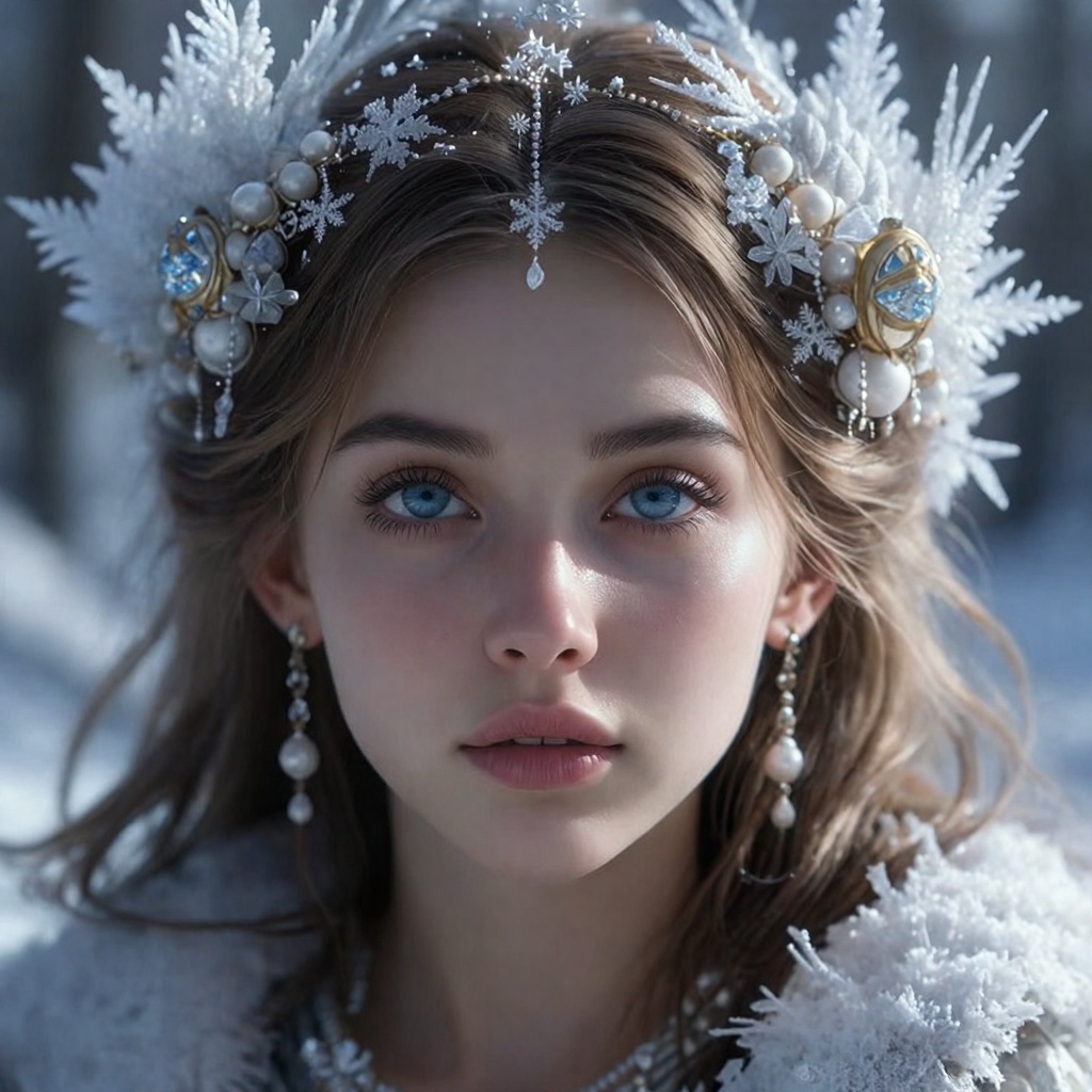 Create a highly detailed,  realistic portrait of a young woman with fair skin and striking,  icy blue eyes. She has soft o...