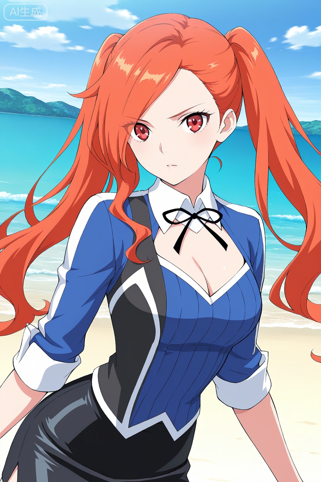 
Random scene,Random scene,
upper body,looking at viewer,



琥嘉,masterpiece,best quality,official art,extremely detailed CG unity 8k wallpaper,1girl, solo, red eyes, red hair, orange hair, long hair, twintails, asymmetrical bangsjacket, long sleeves, sleeves rolled up, black miniskirt, pencil skirt, black neck ribbon, cleavage,
