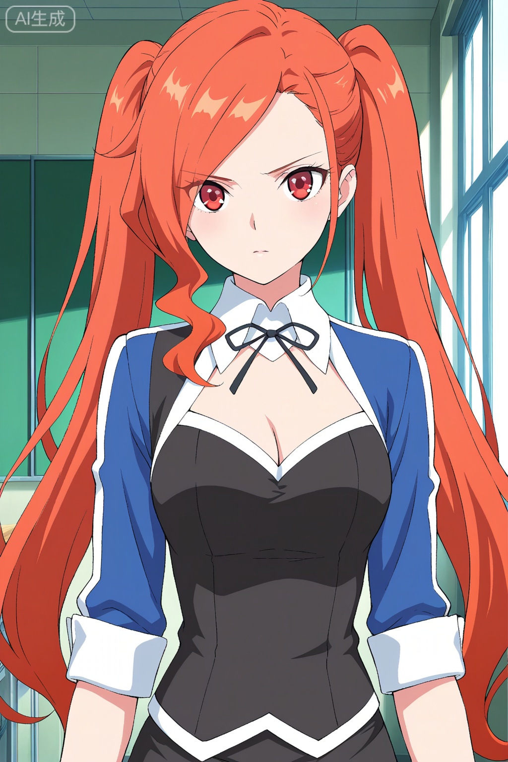 
Random scene,Random scene,
upper body,looking at viewer,



琥嘉,masterpiece,best quality,official art,extremely detailed CG unity 8k wallpaper,1girl, solo, red eyes, red hair, orange hair, long hair, twintails, asymmetrical bangsjacket, long sleeves, sleeves rolled up, black miniskirt, pencil skirt, black neck ribbon, cleavage,
