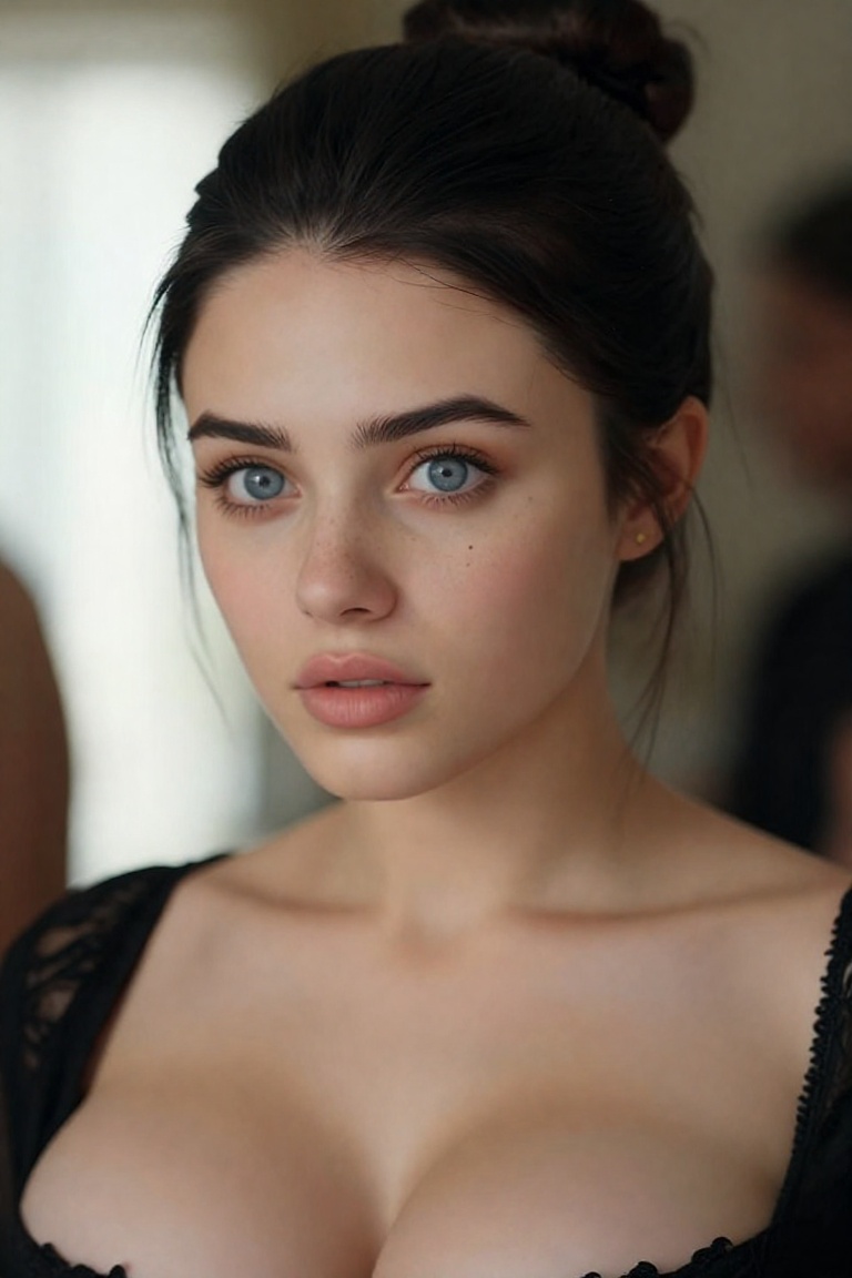 The image shows a young woman with dark brown hair styled in a neat bun. She has light blue eyes and freckles across her n...