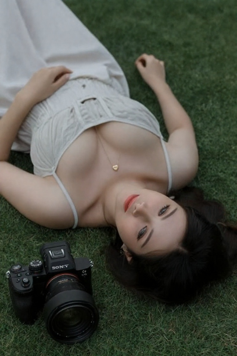top angle shot of a pretty woman lying on a manicured lawn,  woman's is splayed around her,  face has cute makeup on Tenso...