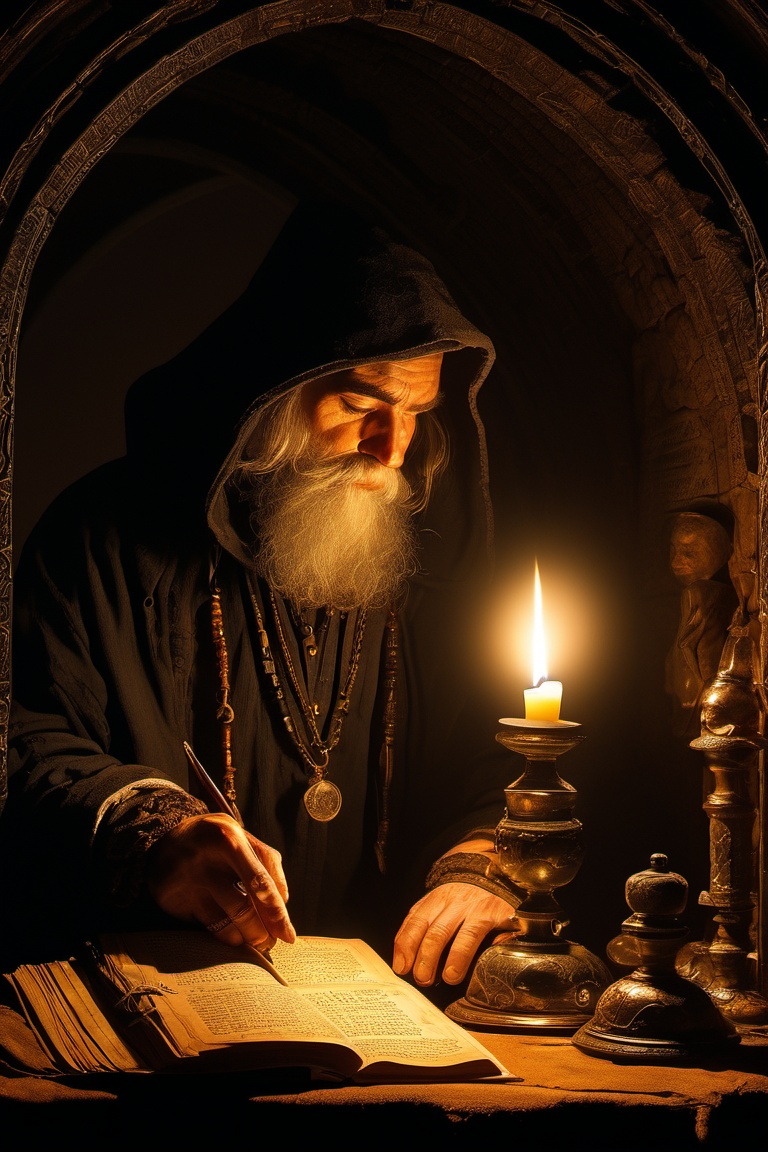 an alchemist is studying obscure arcane texts,  candlelight,  kaballist secrets on Tensor.Art