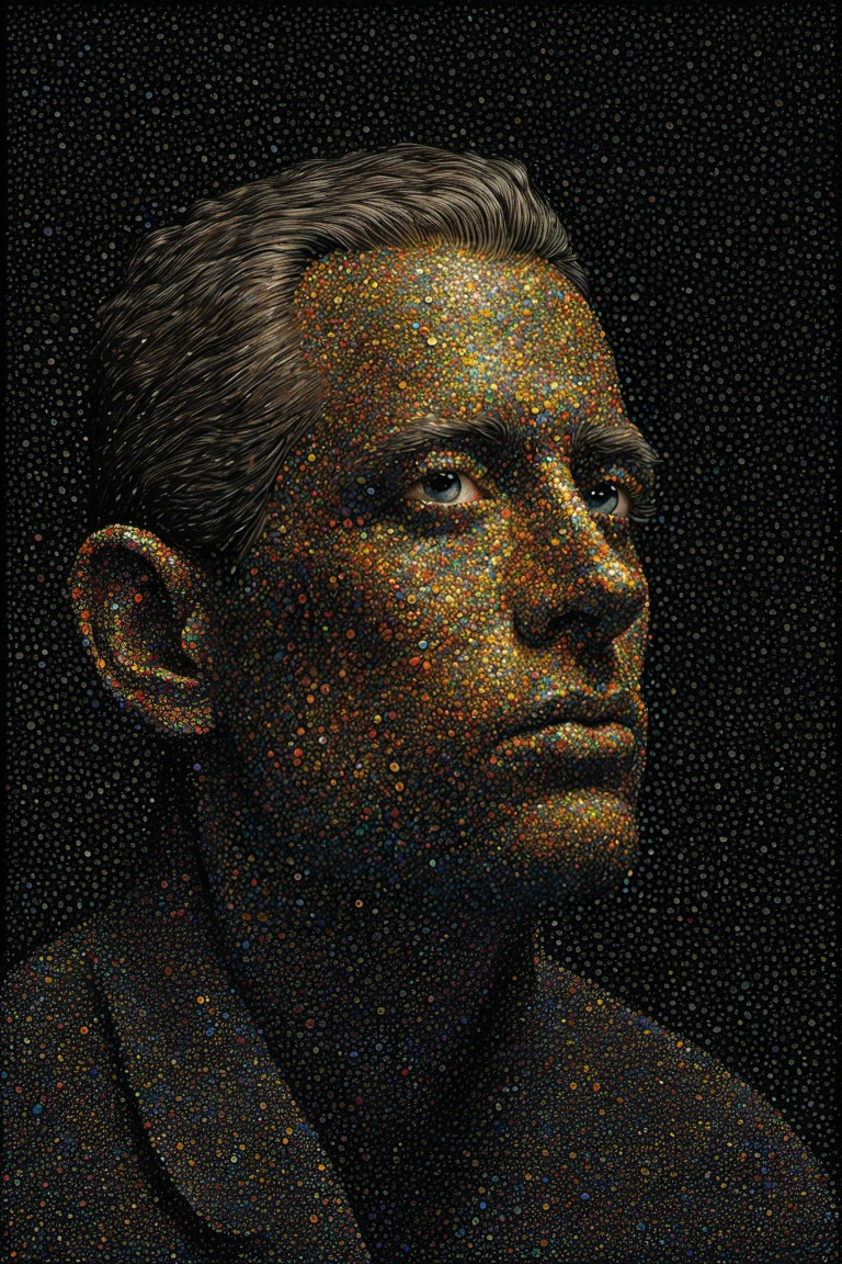 Pointillism,  a nihilist is contemplating the futility of things and concludes it's all pointless,  microdots representing...