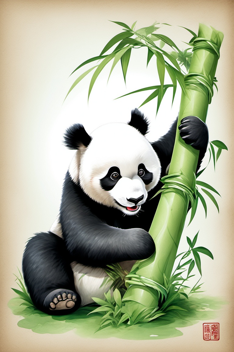 Chinese painting,  a panda bear eating bamboo,  clumsy on Tensor.Art