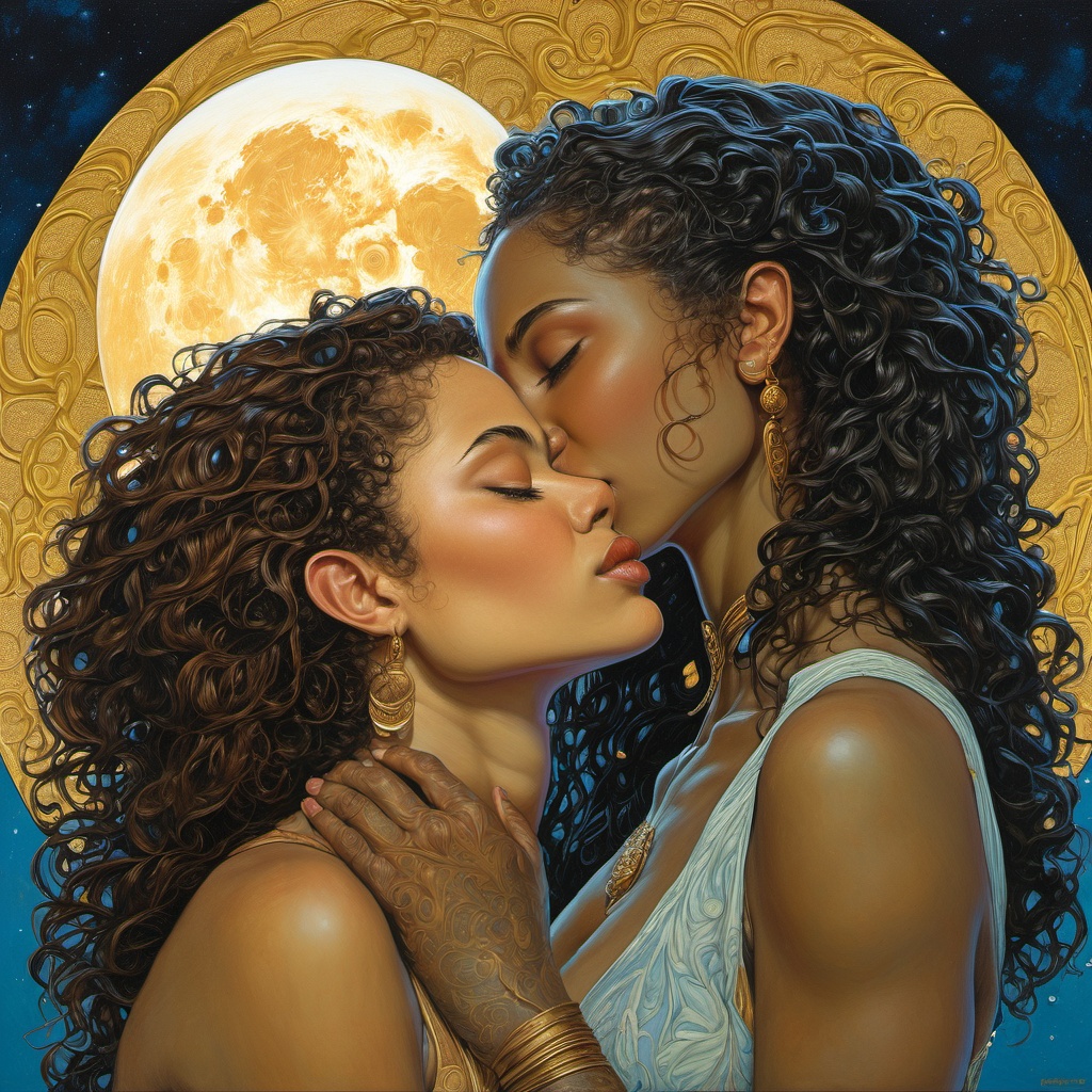 a painting of two women kissing in front of a full moon,  an ultrafine detailed painting,  by Rebecca Guay on Tensor.Art