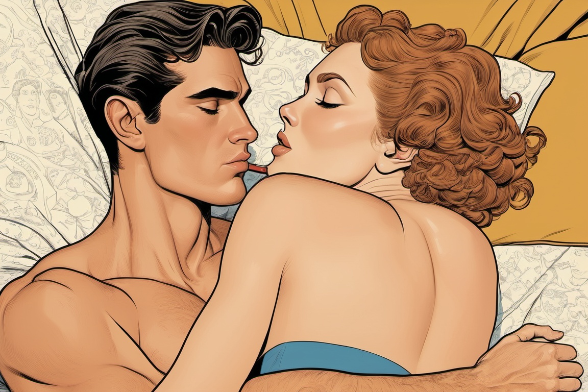 Franco-Belgian inspired comic,  two panel comic,  a brunette is writing an erotic story and is becoming incredibly aroused...