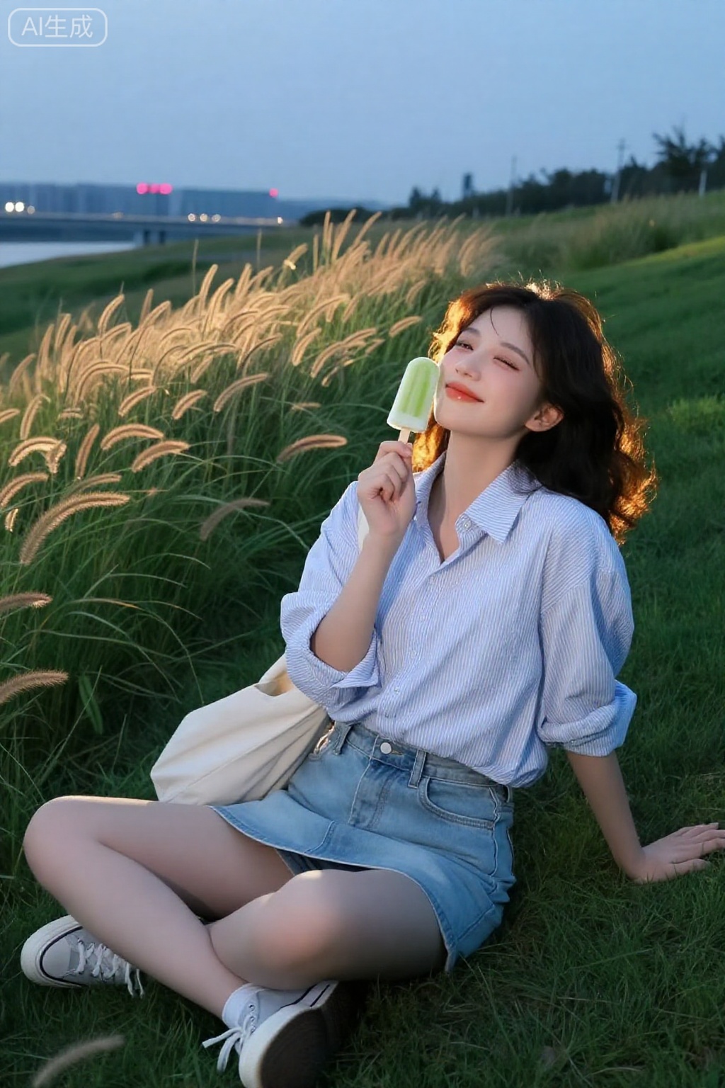 【场景】初夏傍晚,河堤斜坡狗尾草被风吹出波浪,远处城市天际线亮起第一排霓虹【人物】18岁黑茶微卷少女,宽松白蓝竖纹衬衫半塞浅牛仔A字短裙,帆布鞋,帆布单肩包铺开在草上【表情/动作】盘腿坐草地,左手拿未拆封青提冰棒贴脸降温,右手向后撑地,仰头眯眼笑【妆容】雾面裸肌+蜜桃高光,睫毛微翘无眼线,水润珊瑚橘唇釉【相机】Sony A7C + 85 mm f/1.8,f/1.8 1/1250 ISO100,站立俯拍30°
【光影】金时刻侧逆光,夕阳光穿过发梢形成柔光晕,草叶边缘暖亮,阴影带淡青绿【构图】人物置右下三分,狗尾草形成对角线向左上,天空留白25%,远处桥影虚化增添层次