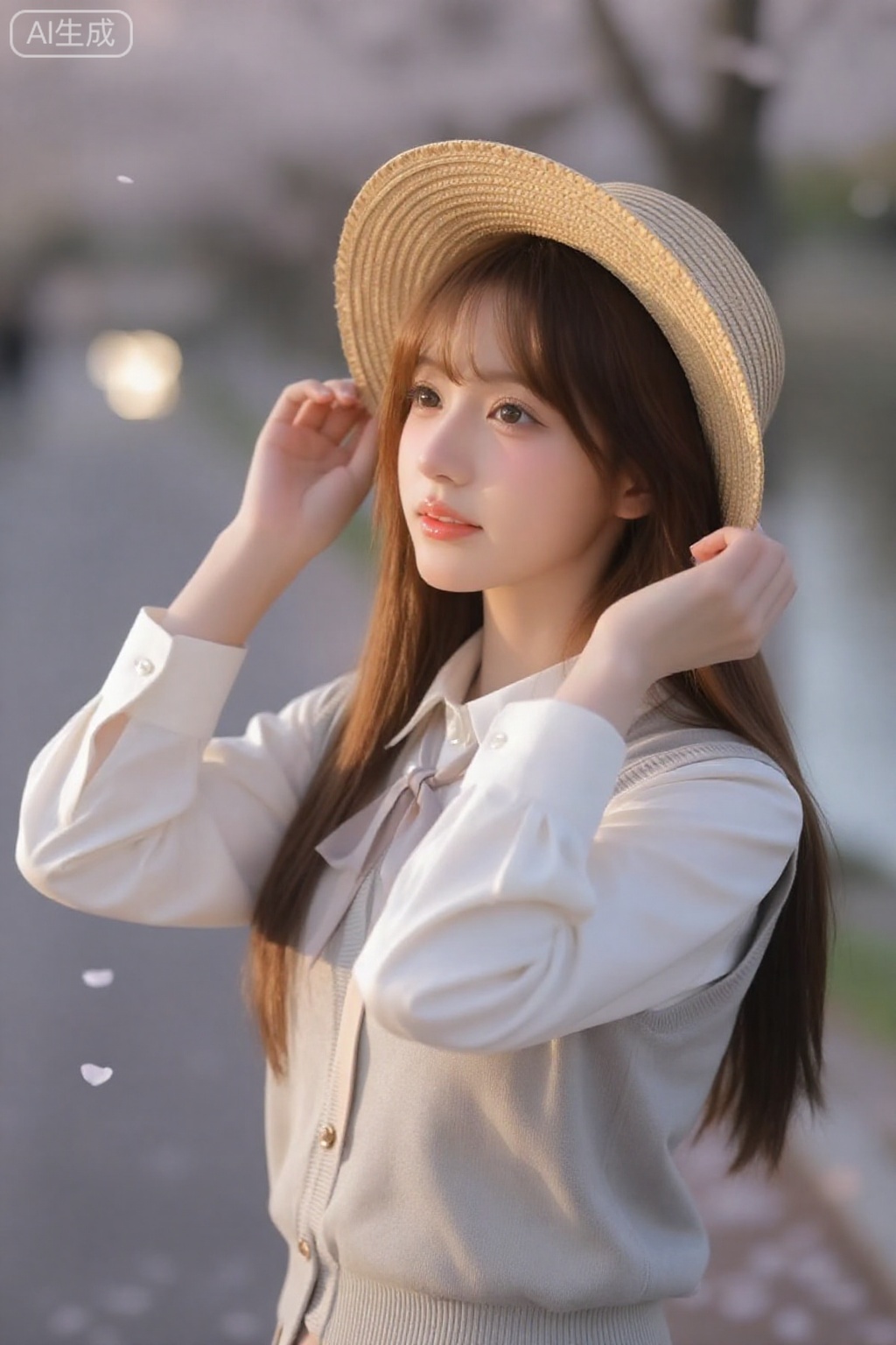 【场景】初夏傍晚,河畔樱花步道,粉白花瓣随风轻落【人物】19岁亚洲少女,暖棕长直发,米白水手领衬衫配浅灰针织马甲,领口缎带微飘【表情/动作】半身微侧,双手轻握草帽边缘贴肩,抬眸望前方,嘴角带笑【妆容】清透奶油肌+淡粉腮红,睫毛自然卷翘,水润蜜桃唇釉【相机】Sony A7III + 85 mm f/1.4,f/1.8 1/500 ISO100,站立平拍【光影】夕阳侧逆光,柔和金边勾勒发丝与脸颊,背景虚化粉绿相间【构图】胸口以上占画面2/3,人物居右三分,前景飘入两片花瓣,背景河面反光成柔亮斑点