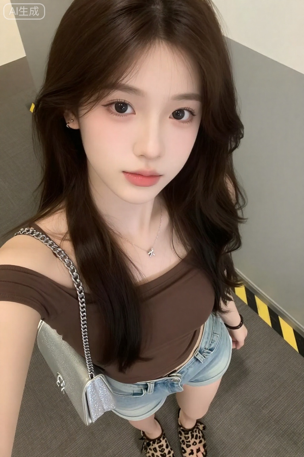 一位皮肤苍白的年轻人,有着长长的棕色波浪发和又大又黑的眼睛。她们有淡粉色的口红和淡雅的妆容。他们穿着棕色露肩上衣、浅蓝色牛仔短裤和豹纹鞋子。还可以看到一条银色项链和一个带有链带的银色闪光小手提包。这个人站在一张带有黄色警告条纹的灰色图案地毯上。背景包括灰色墙壁和部分白色墙壁。照片的角度是从上方拍摄的,呈现出稍微向下的视角。整体风格休闲、现代。