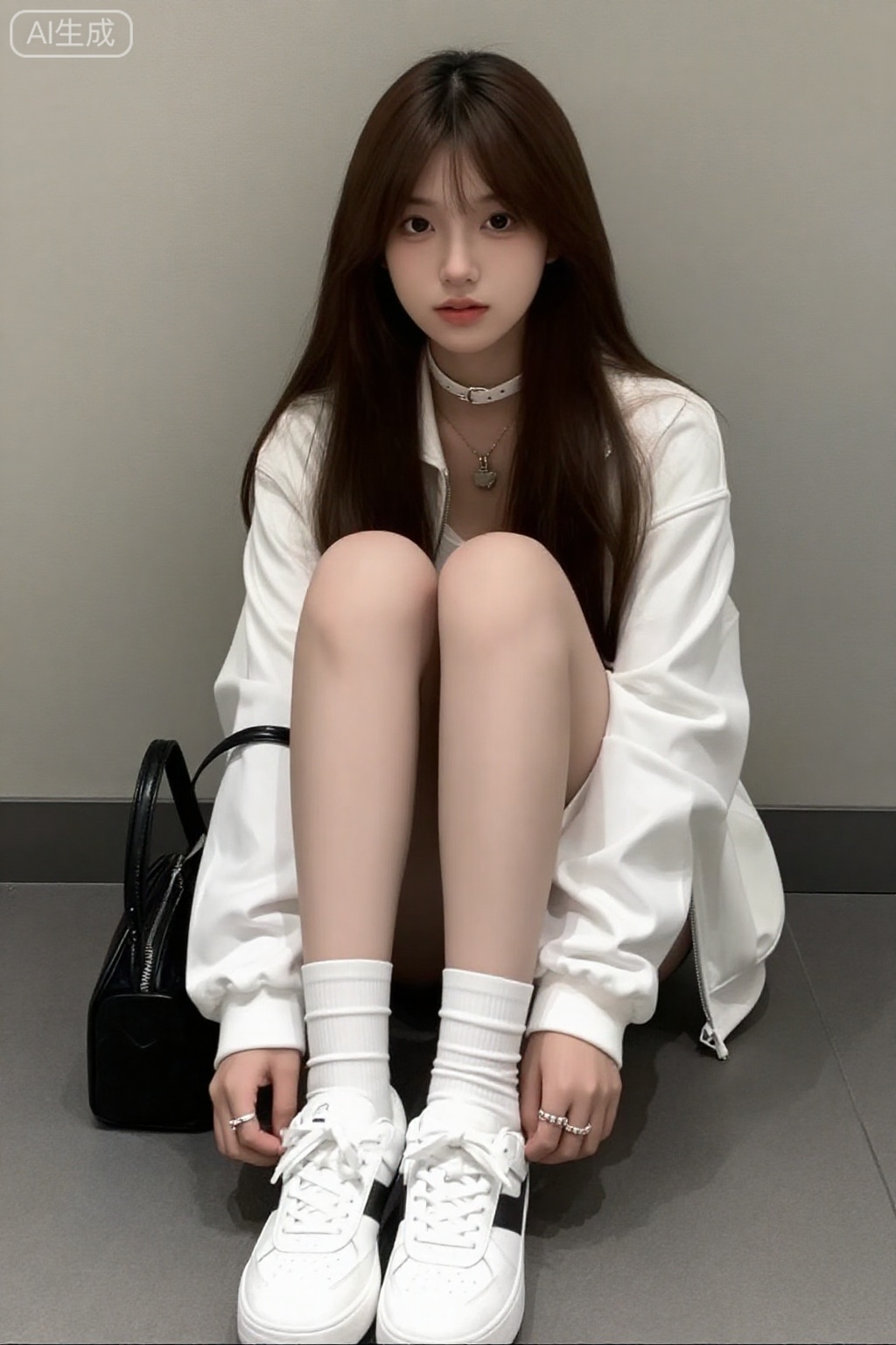 1girl,solo,long hair,looking at viewer,brown hair,long sleeves,jewelry,sitting,jacket,full body,shoes,choker,socks,necklace,bag,black eyes,lips,white footwear,ring,white jacket,white socks,sneakers,realistic