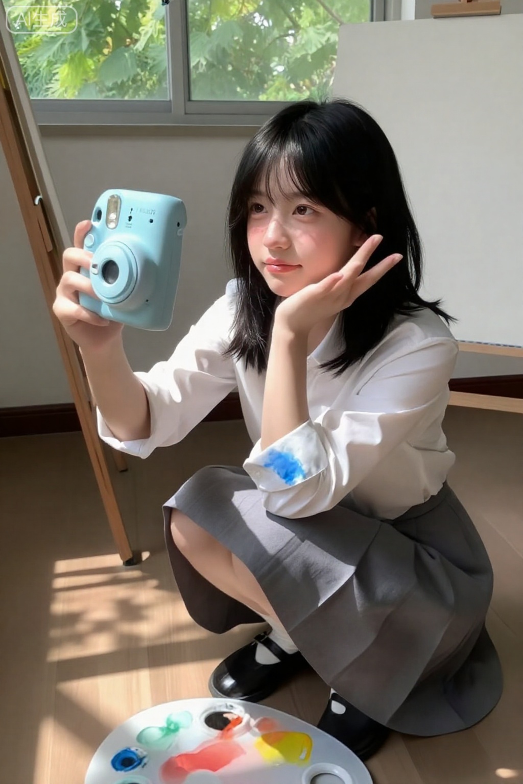 【场景】初夏午后,空荡的画室,窗外梧桐叶影投在木地板上【人物】17岁齐肩黑发少女,校服白衬衫挽起袖子,袖口沾几点钴蓝颜料,灰色百褶裙【表情/动作】左手举拍立得自拍,右手比“耶”靠在脸旁,微微蹲身,裙角扫过调色盘【妆容】伪素颜+透明唇蜜,鼻尖一点阳光晒红【相机】拍立得mini 11,等效60 mm,f/12.7 1/60 ISO800,横屏,手臂自然弯曲取景【光影】侧窗自然光,叶影斑驳落在脸颊与衬衫,背景高光微曝,形成柔边光环【构图】人物占画面中央,镜头略低于眼平线,背景留白画架斜线,地面叶影作前景框