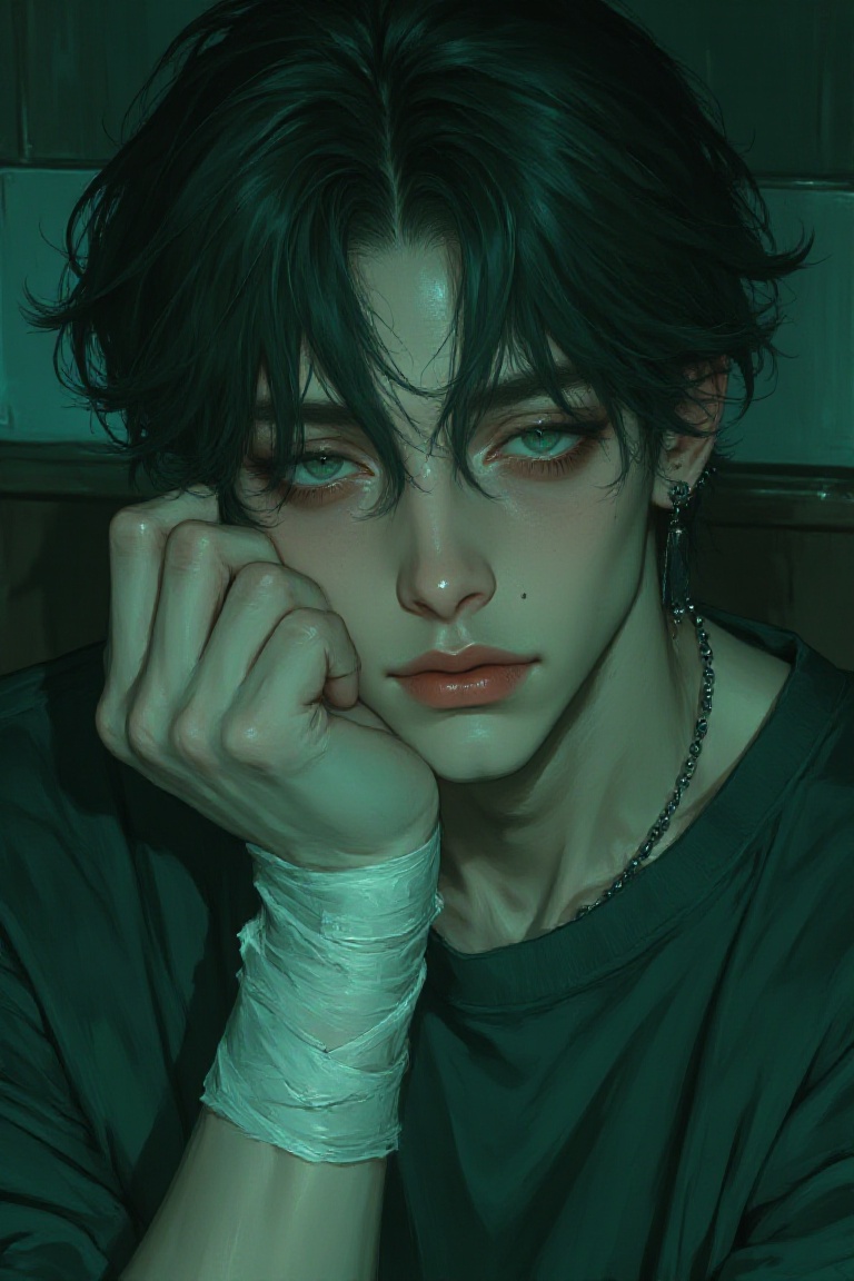 A waist-up portrait of a young man with messy,  dark hair falling over his eyes,  leaning his head on his bandaged hand. H...