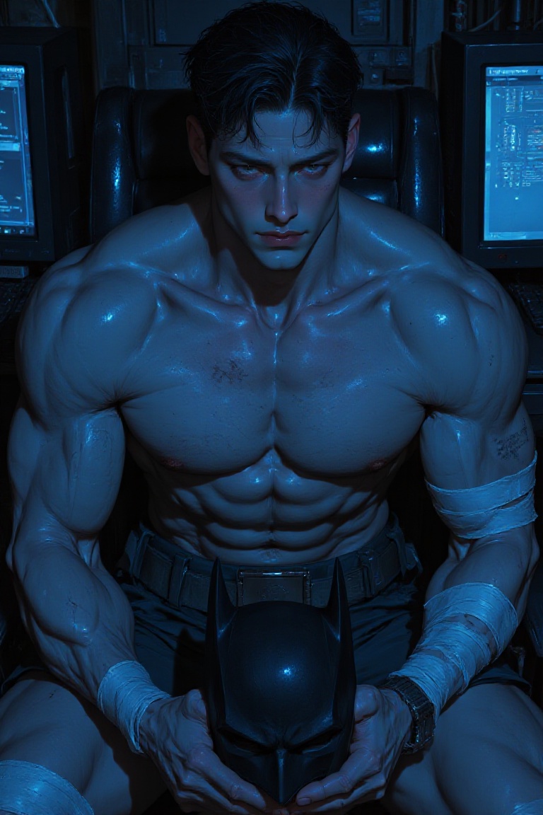 A brooding,  unmasked portrait of Bruce Wayne sitting in the shadows of the Batcave,  illuminated only by the cool blue gl...