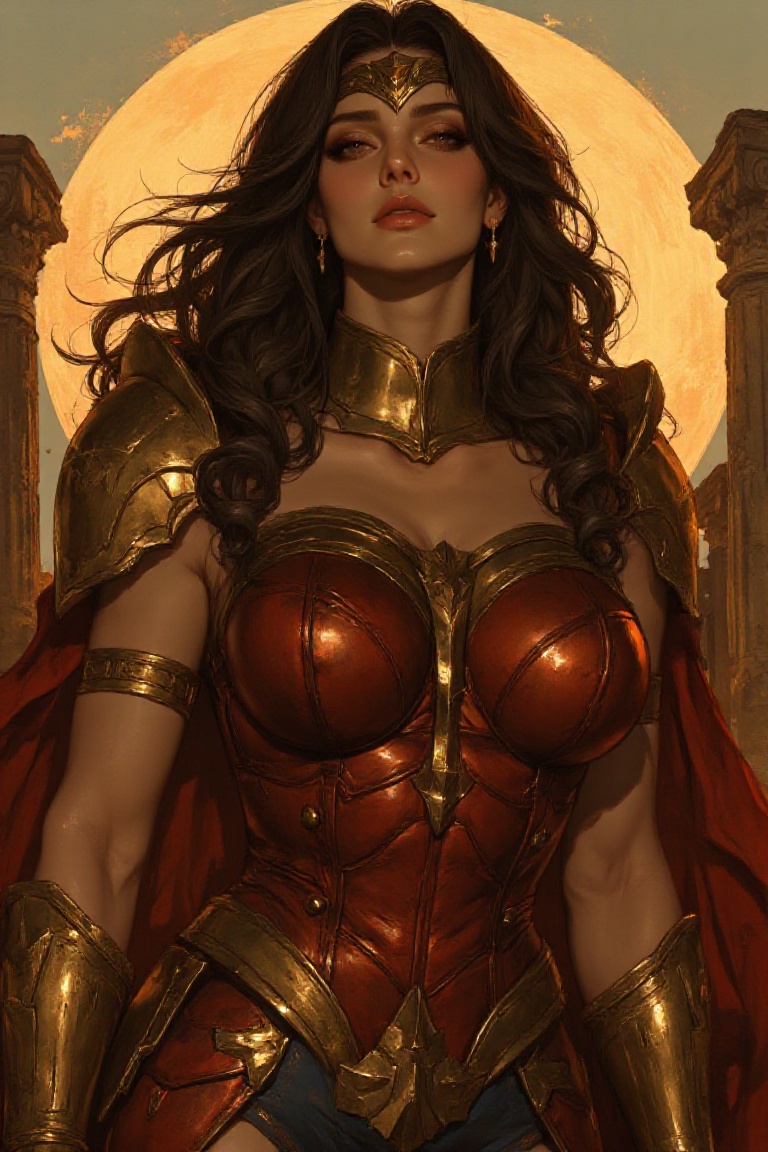 A majestic portrait of Diana Prince standing amidst ancient ruins during a golden sunset. She wears battle-damaged red and...