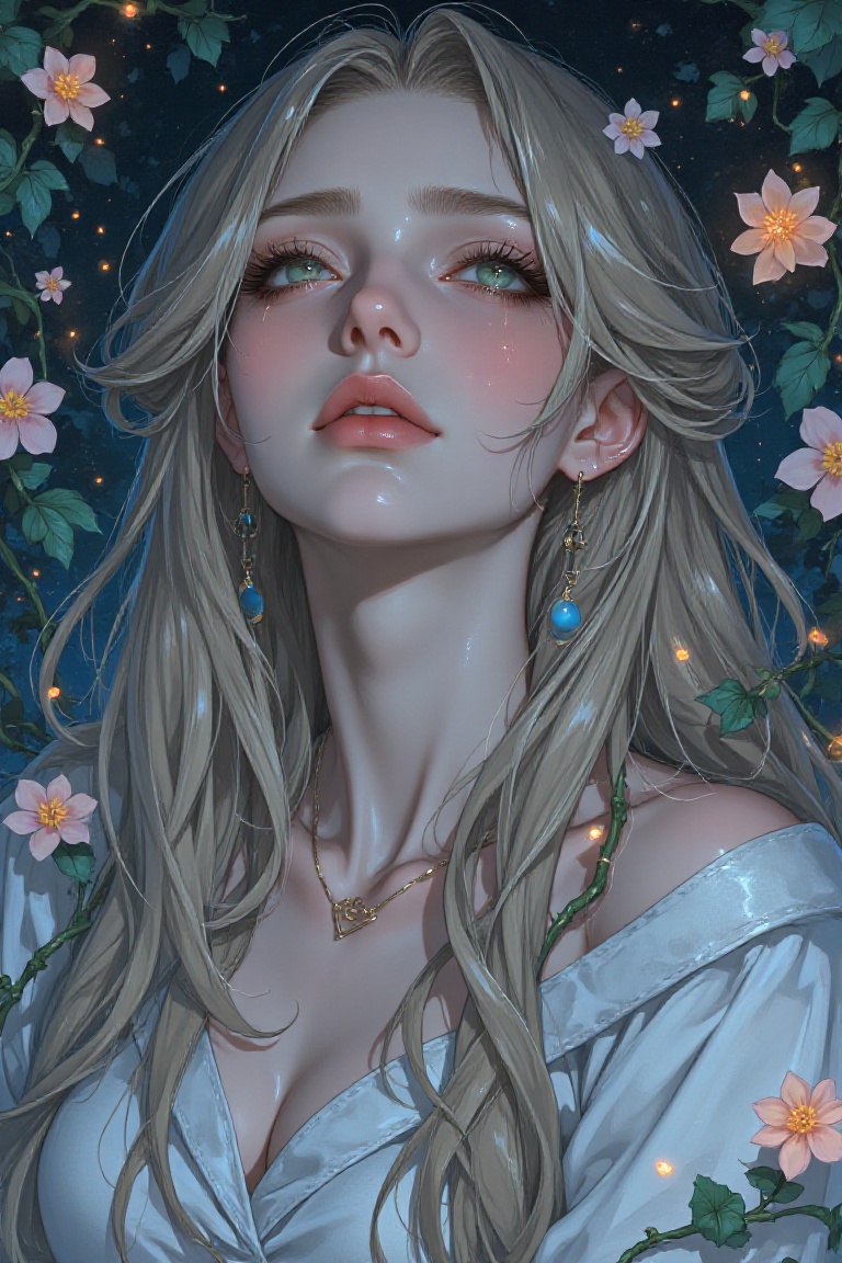 A portrait of a beautiful figure surrounded by floating glowing flowers and particles. They have long,  flowing hair inter...