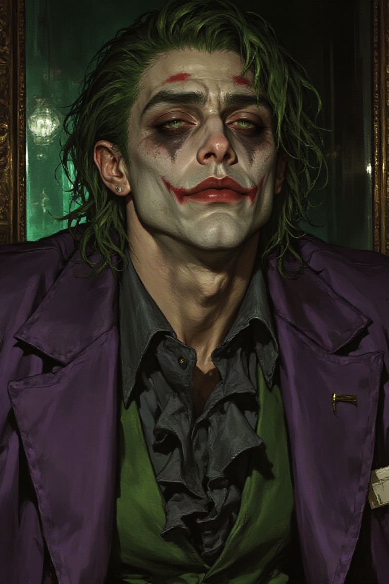A chilling,  high-fashion portrait of The Joker leaning against a mirror,  his green hair messy and wet. He wears a purple...