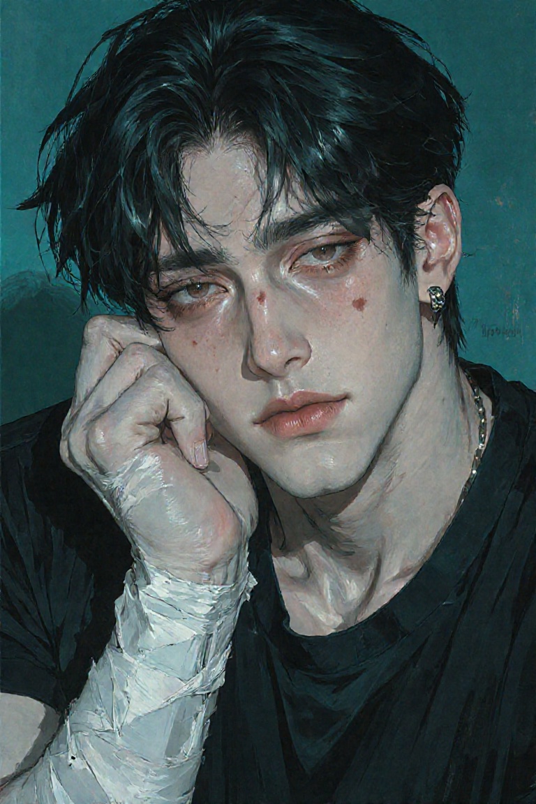 A waist-up portrait of a young man with messy,  dark hair falling over his eyes,  leaning his head on his bandaged hand. H...