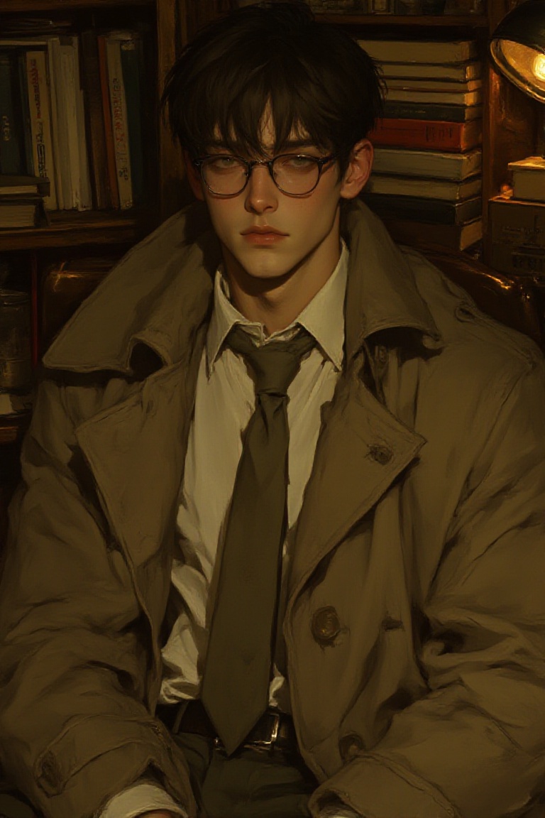 A young man with glasses sits in a dimly lit,  cluttered room filled with books and vintage objects. He is wearing a beige...