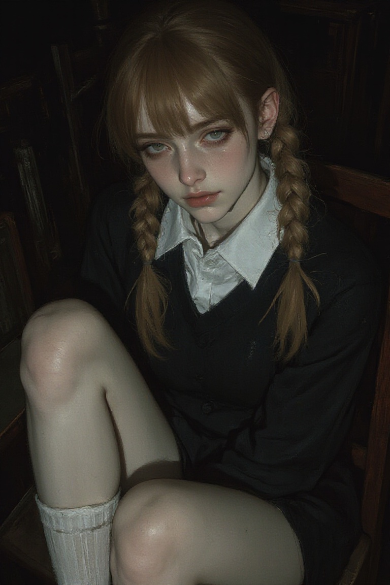A moody,  low-key portrait of a girl with red hair tied in twin braids,  sitting in the dark hugging her knees. She wears...